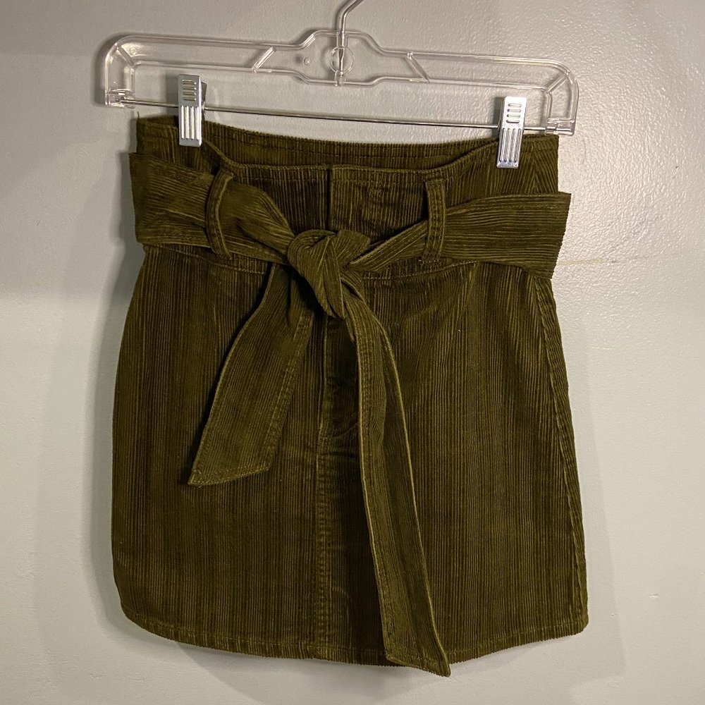Rewash Army Green Corduroy Skirt with Tie Belt, Size 3 (26 waist)